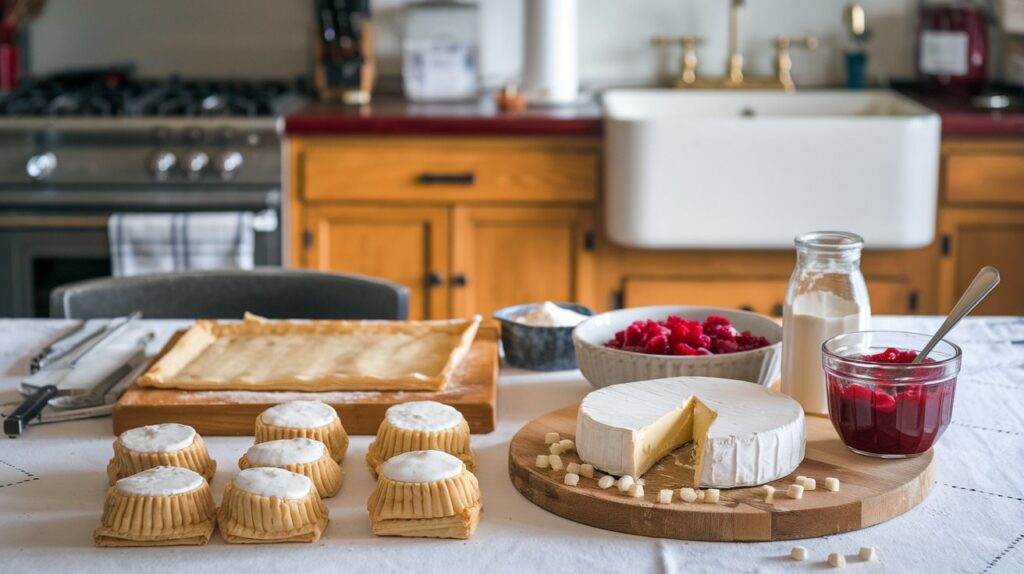 Top-down view of Easy Cranberry Brie Bites served on a festive table, their buttery pastry shells filled with creamy cheese and cranberry compote, surrounded by fresh rosemary