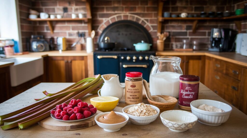 Alt Text: "A freshly baked Rhubarb and Raspberry Crumble, with the bright pink rhubarb and red raspberries peeking through the crumbly, buttery topping, creating a comforting and flavorful dessert."