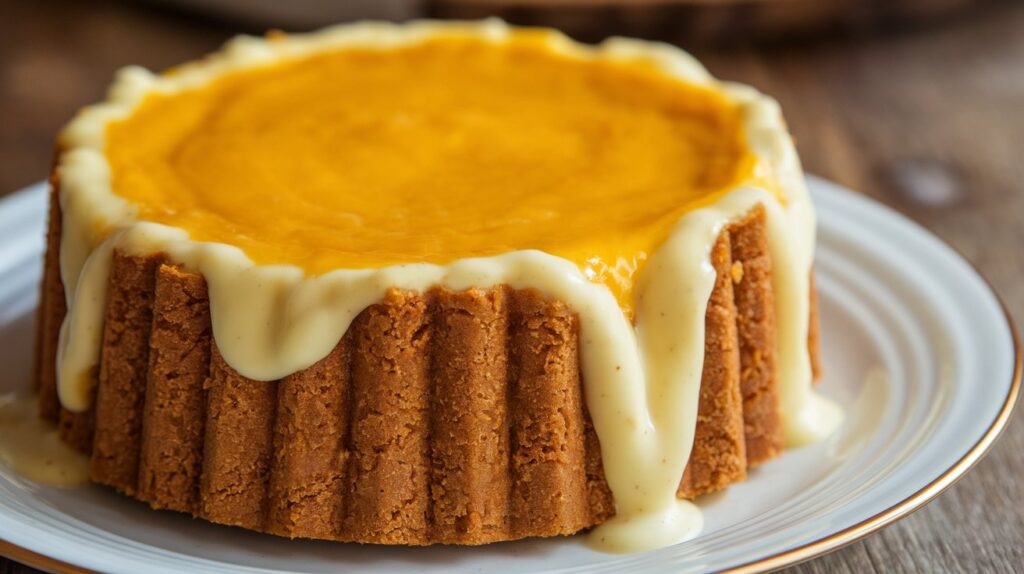 A slice of cassava cake with a creamy custard topping, showcasing its rich and chewy texture, served on a plate with a golden-brown caramelized surface.