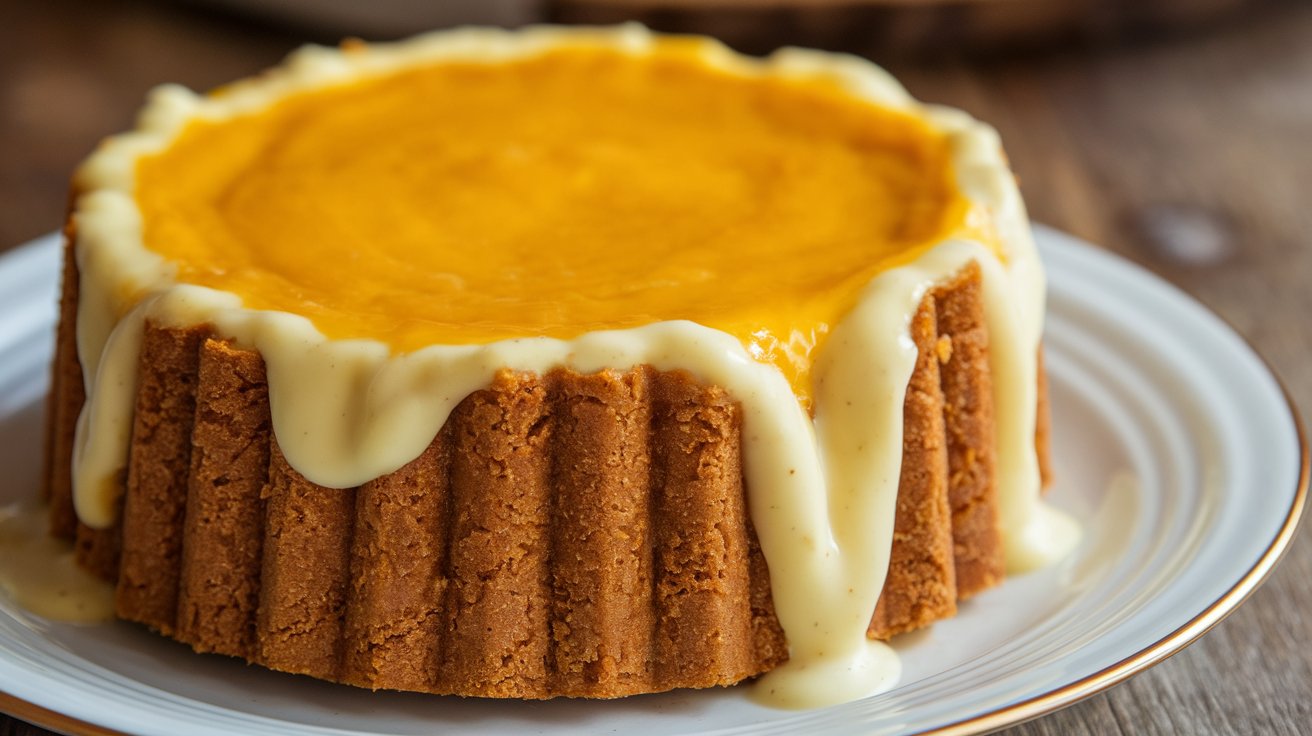 A slice of cassava cake with a creamy custard topping, showcasing its rich and chewy texture, served on a plate with a golden-brown caramelized surface.