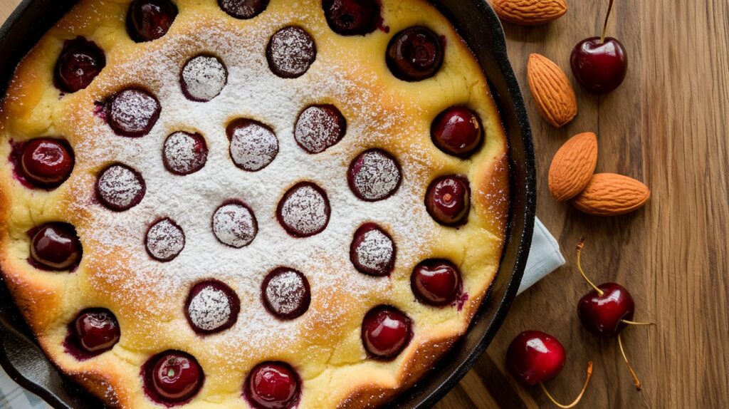  "Cherry Amaretto Clafoutis served on a decorative plate, with its soft, custardy texture and rich cherry flavor enhanced by the subtle almond notes of amaretto."