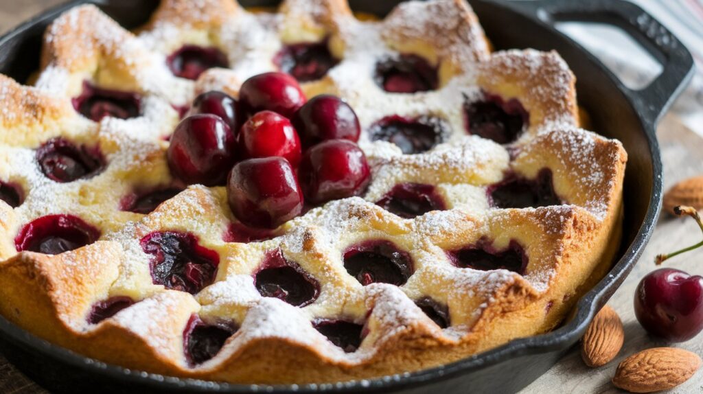  "Close-up of Cherry Amaretto Clafoutis, showcasing juicy cherries scattered across a creamy, golden-brown batter, with a dusting of powdered sugar for an elegant finish."