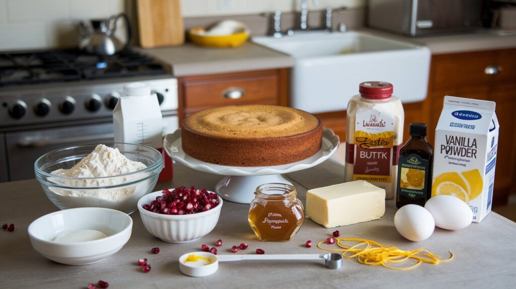  "A freshly baked Pomegranate and Honey Cake on a rustic cake stand, with the deep red of the pomegranate seeds contrasting beautifully against the golden cake, complemented by a sweet honey glaze."