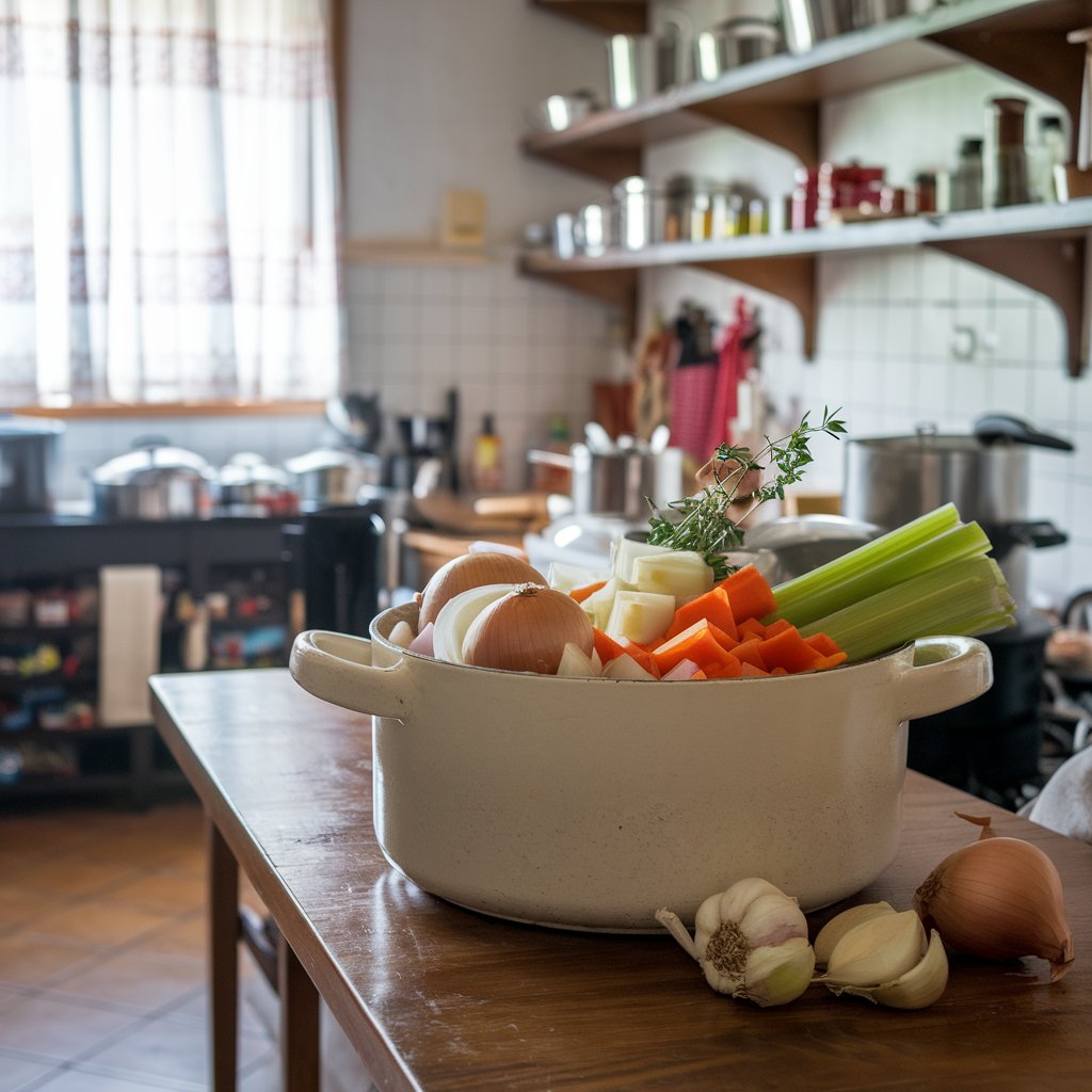 "Close-up of white wine and vegetable soup in a pot, with colorful vegetables and herbs floating in a fragrant, flavorful broth, highlighting the fresh ingredients."