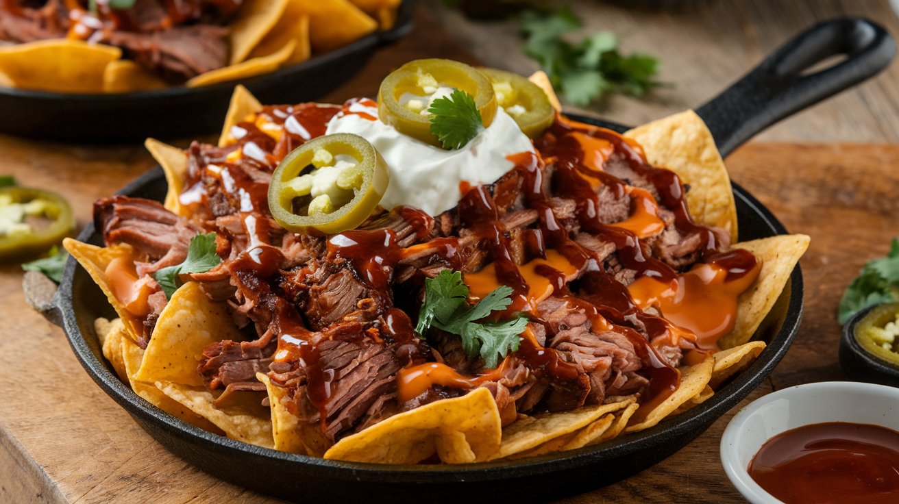 BBQ brisket nachos. Crispy tortilla chips