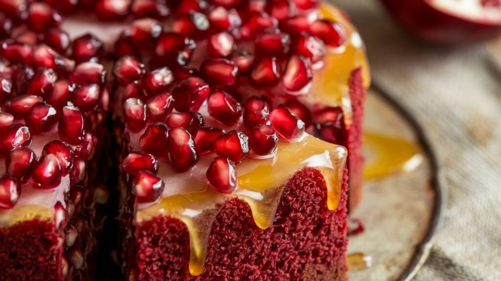  "A freshly baked Pomegranate and Honey Cake on a rustic cake stand, with the deep red of the pomegranate seeds contrasting beautifully against the golden cake, complemented by a sweet honey glaze."
