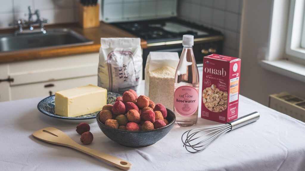  "Lychee and Rosewater Crumble served in individual ramekins, with a crunchy, golden-brown topping and soft, aromatic lychee and rosewater filling, making for a unique and fragrant dessert."