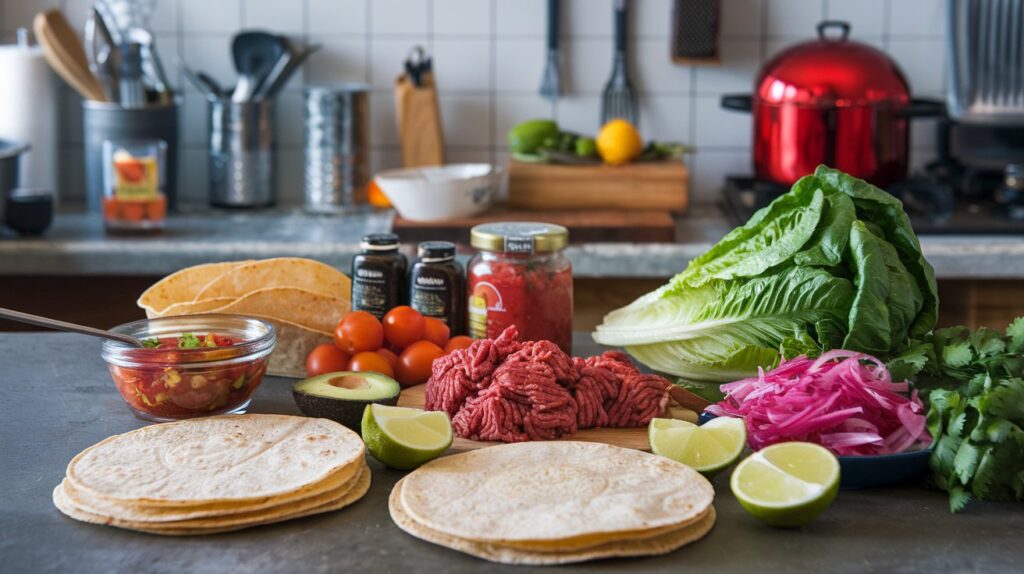 Crispy Tacos with Vibrant Fillings, Garnished with Lime Wedges"
A vibrant serving of crispy tacos filled with a mix of zesty grilled shrimp, crunchy lettuce, and pico de gallo, garnished with lime wedges for a refreshing and tangy finish.