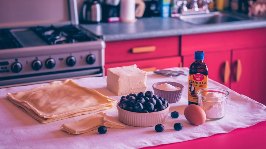 "An elegant plate featuring freshly baked Blueberry Cream Cheese Puff Pastry, with layers of buttery pastry wrapped around a smooth cream cheese filling and bursting with juicy blueberries."