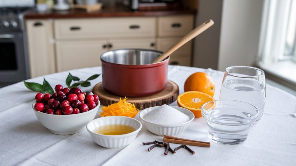 "A close-up of Fresh Tangy Homemade Cranberry Sauce, showcasing the glossy texture and bright red color, made with fresh cranberries and a zesty twist, perfect for complementing holiday dishes."