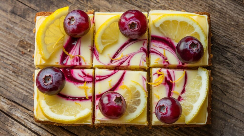 Alt Text: "A slice of Gooseberry and Lemon Cheesecake Bars on a white plate, with juicy gooseberries resting atop a creamy lemon-infused cheesecake layer, over a perfectly baked crumbly crust."