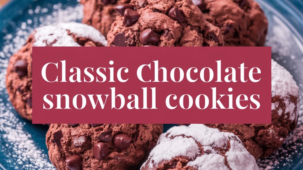 "Close-up of freshly baked Classic Chocolate Snowball Cookies, with their perfectly round shape and a generous dusting of powdered sugar, offering a tempting, holiday treat."