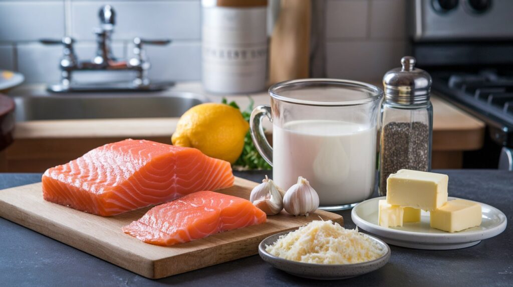 Close-up of air fryer salmon bites, golden and crispy on the outside, served with a smooth garlic cream sauce drizzled on top, offering a burst of flavor with each bite