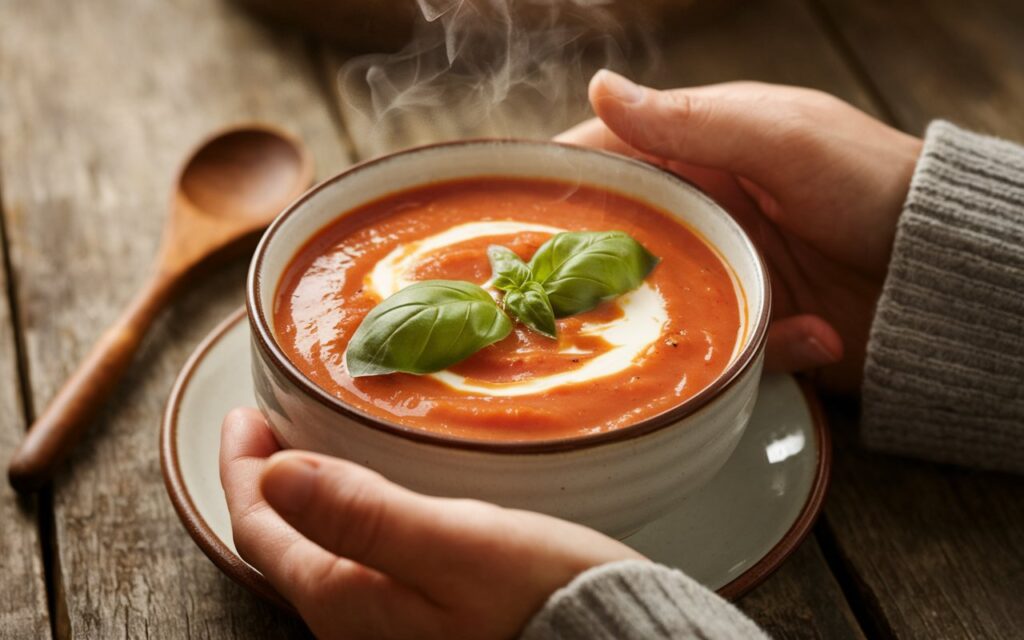 A bowl of creamy tomato basil soup, featuring a rich, velvety texture, and garnished with a sprinkle of fresh basil and a swirl of cream for added richness