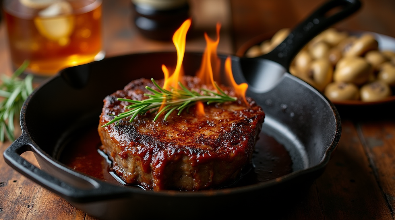 A sizzling steak cooked to perfection, infused with the smoky, caramelized notes of bourbon. The rich bourbon glaze coats the steak's juicy surface, adding depth and flavor to each bite. The steak is served alongside roasted vegetables and a light drizzle of the bourbon sauce, creating a beautifully presented dish that balances bold flavors with tender texture.