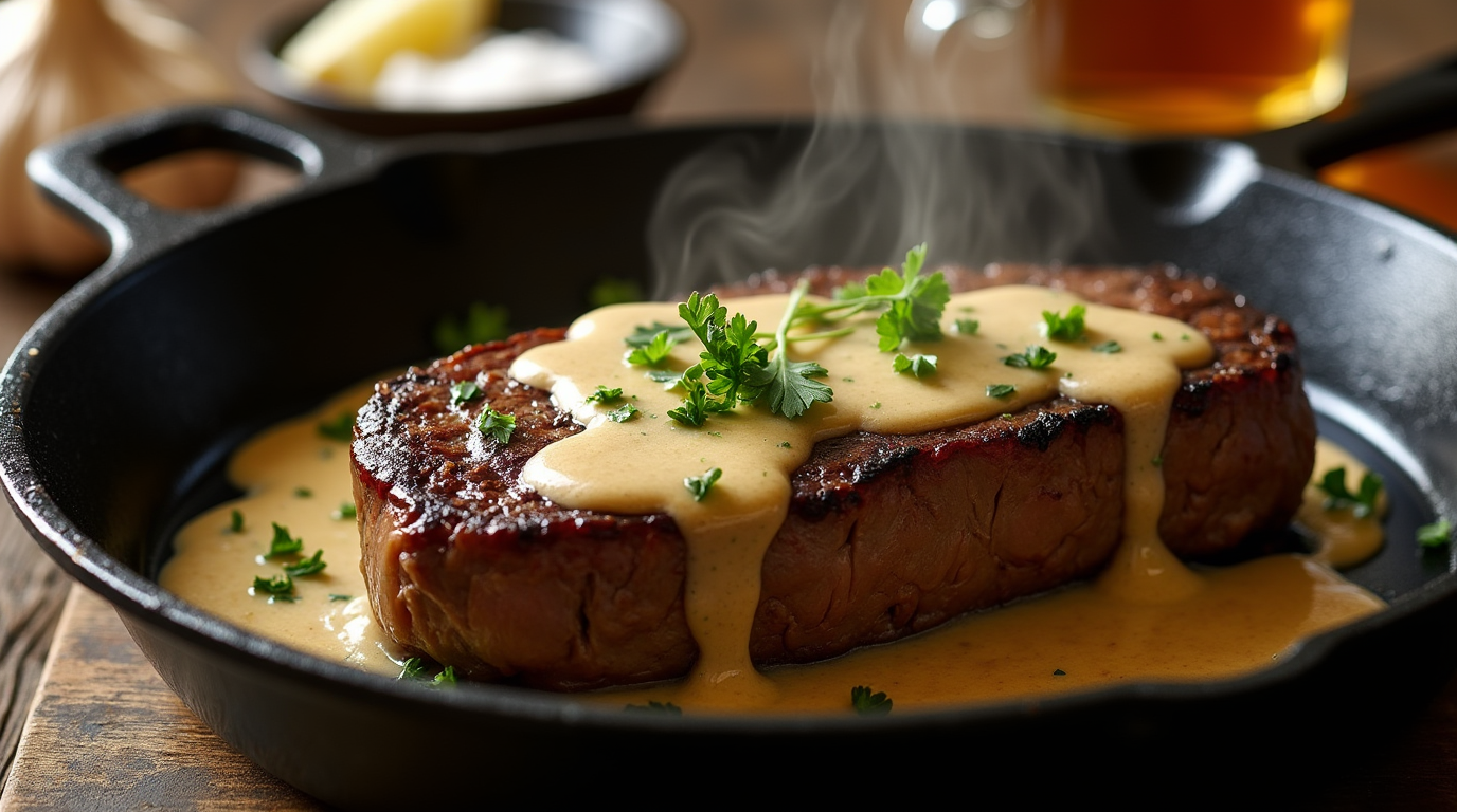 A perfectly seared steak served sizzling hot, topped with a rich and velvety bourbon garlic cream sauce. The creamy sauce glistens over the tender steak, with hints of fresh herbs and a drizzle of bourbon flavor that enhances every bite. The steak is presented on a rustic wooden board with roasted vegetables and a side of mashed potatoes for a complete indulgent meal.