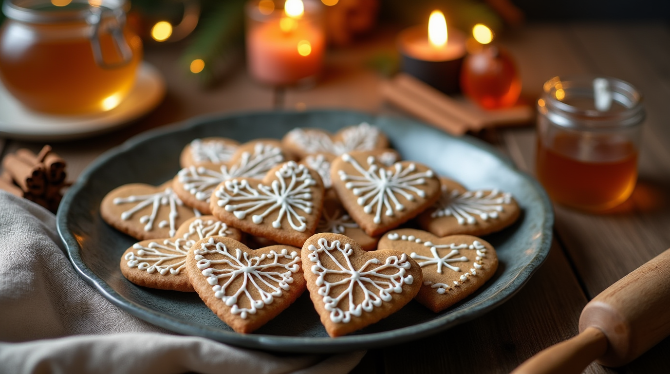 A plate of warm, old-fashioned Valentine’s Day gingerbread cookies in charming heart and star shapes, decorated with white icing and festive red accents. The cookies have a rich, spiced aroma with a perfect balance of sweetness and warmth. Surrounding the plate are small touches of romantic decor, like red rose petals and a vintage lace napkin, setting a nostalgic and cozy mood for a heartfelt celebration.