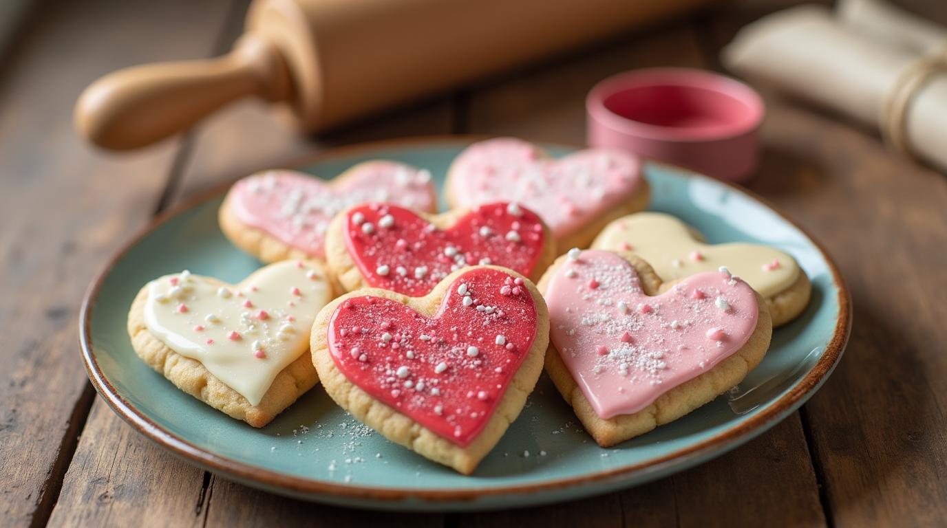 A plate of rustic Valentine’s Day cookies, each one uniquely shaped and decorated with subtle heart patterns and a delicate dusting of powdered sugar. The cookies have a homemade charm, with warm, golden-brown edges and a soft, inviting center. They're surrounded by sprigs of fresh greenery and a few scattered red rose petals, creating a cozy, romantic atmosphere perfect for the occasion.