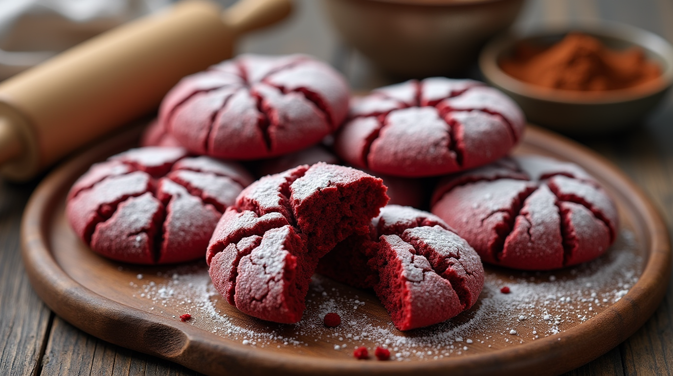 A close-up shot of freshly baked red velvet crinkle cookies, showcasing their vibrant crimson color and powdered sugar coating that creates a delicate contrast. The cookies are perfectly cracked on top, revealing a soft, chewy texture inside. They are elegantly arranged on a rustic plate, with a few scattered crumbs and a hint of cocoa powder, making them a tempting treat for any occasion