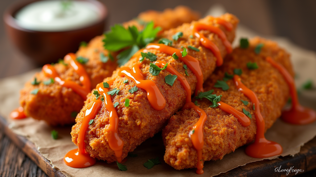 Crispy Buffalo chicken tenders served with a side of creamy ranch dipping sauce and celery sticks