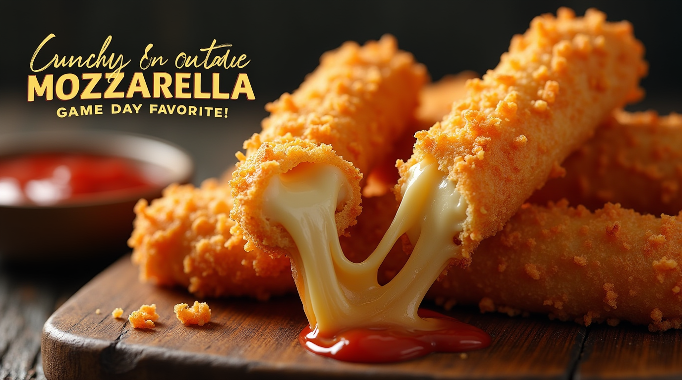 Golden crispy mozzarella sticks served with a side of marinara dipping sauce, garnished with fresh herbs