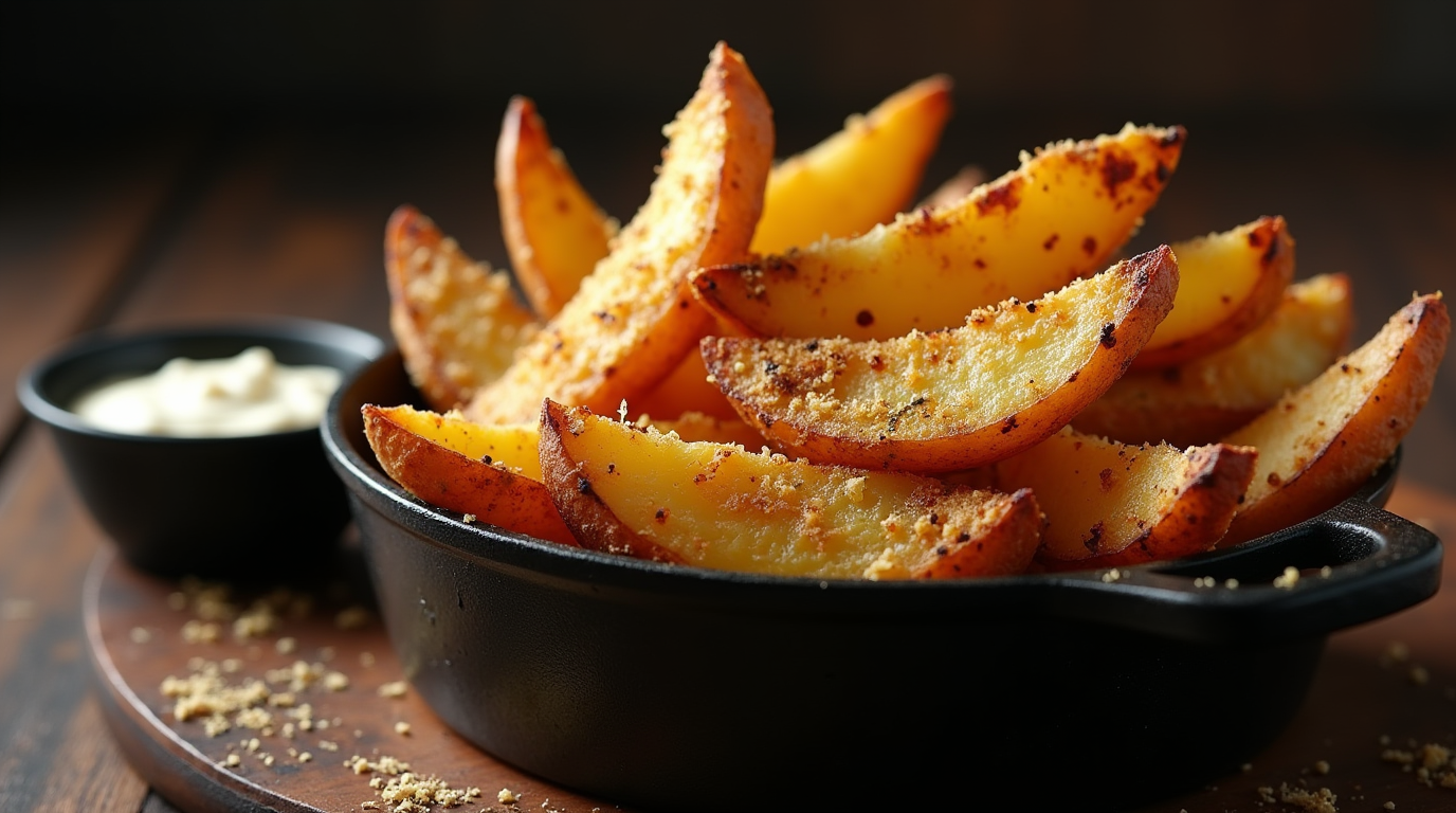 Golden, crispy potato wedges with a crunchy garlic Parmesan crust, freshly baked and arranged on a baking sheet