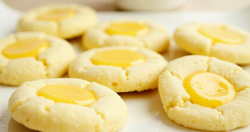 A close-up of delicious Lemon Curd Thumbprint Cookies, showcasing their delicate cookie crust and smooth, tangy lemon curd filling that melts in your mouth.
