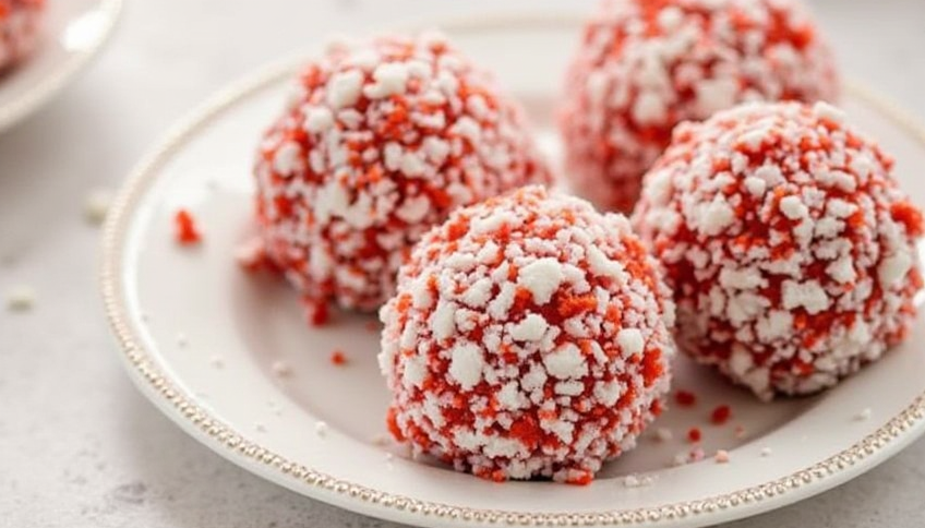 A close-up view of Sweetened Condensed Milk Snowballs, perfectly round and coated in a thick layer of powdered sugar, displayed on a rustic wooden tray with a snowy, festive background