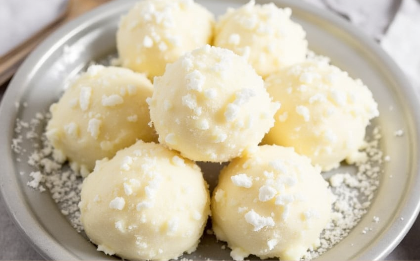 Sweetened Condensed Milk Snowballs dusted with powdered sugar and placed on a festive holiday plate, surrounded by greenery and holiday ornaments.