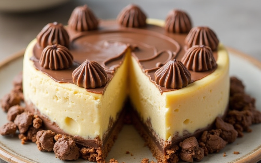 A decadent slice of Dexadent Snickers cheesecake topped with chunks of Snickers bar and drizzled with caramel sauce. This rich, creamy dessert combines the flavors of chocolate, caramel, and peanut butter for an indulgent treat
