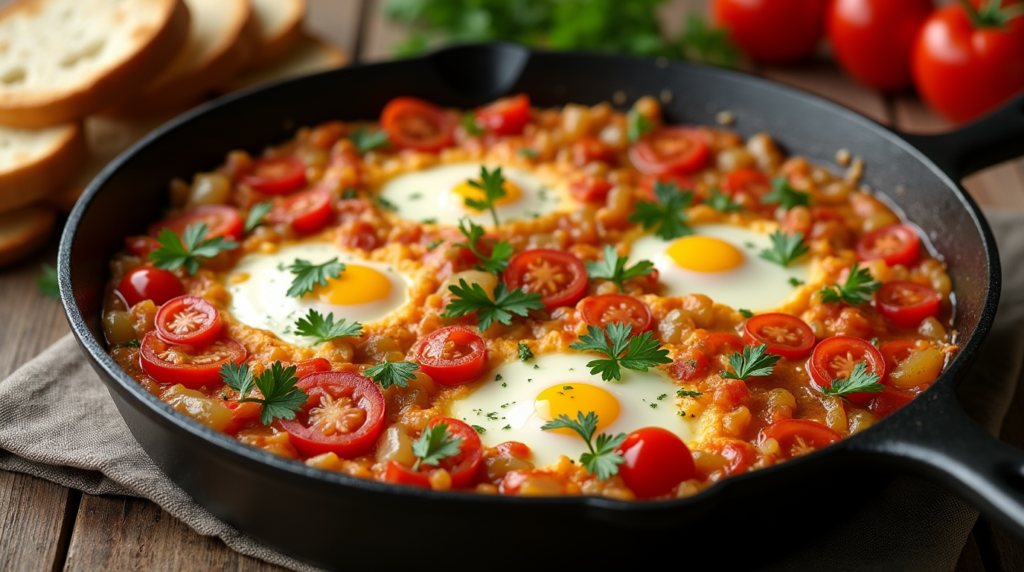 traditional Turkish Menemen served in a rustic copper pan