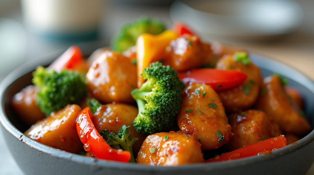 Close-up of Teriyaki Chicken Stir-Fry with vibrant bell peppers, broccoli, and carrots in a skillet, topped with a savory homemade teriyaki sauce.