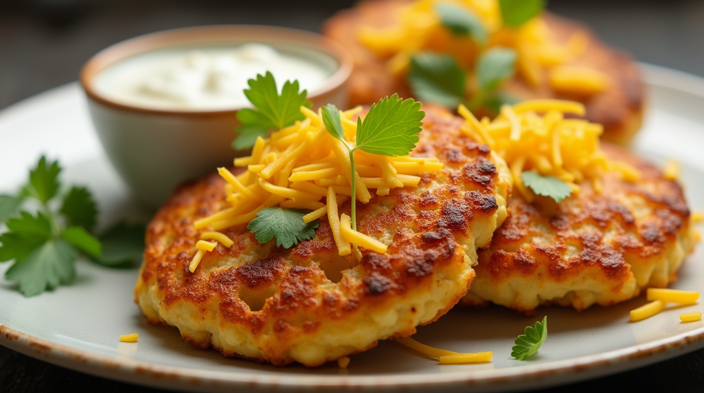 Delicious old fashioned corn fritters with shredded cheese, crispy on the outside and soft on the inside, served on a plate as a comforting snack.