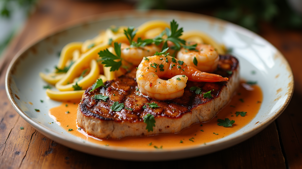 An elegant serving of steak with creamy Cajun shrimp sauce poured over top, offering a spicy and indulgent flavor combination. Alt Text: "Steak with Creamy Cajun Shrimp Sauce – Elegant steak topped with creamy Cajun shrimp sauce for a spicy, indulgent bite