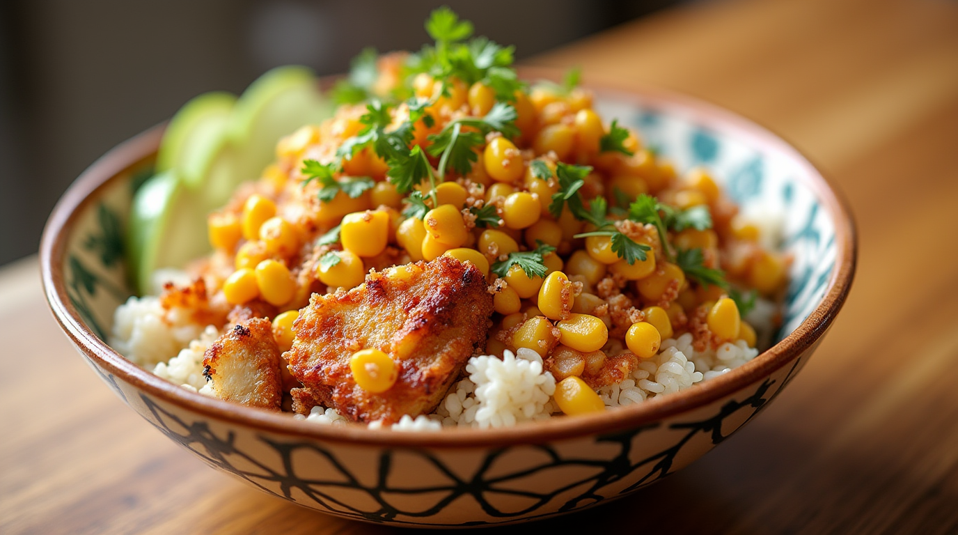 A colorful street corn chicken rice bowl featuring a medley of vegetables, grilled chicken, and a smoky corn topping. Alt Text: "Street Corn Chicken Rice Bowl – Colorful rice bowl with smoky grilled chicken, corn, and veggies.