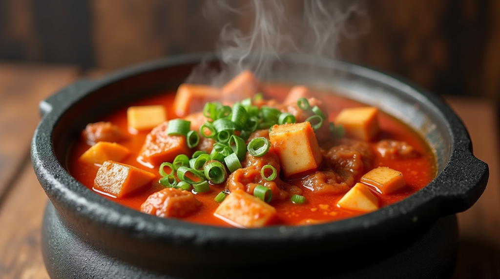 Close-up view of Kimchi Jjigae (Korean Kimchi Stew) in a traditional stone pot, showcasing vibrant kimchi, succulent pork, and tofu cubes bathed in a spicy, tangy broth. The dish is bubbling with heat, releasing the mouthwatering aroma of fermented flavors, perfect for a satisfying, comforting meal.