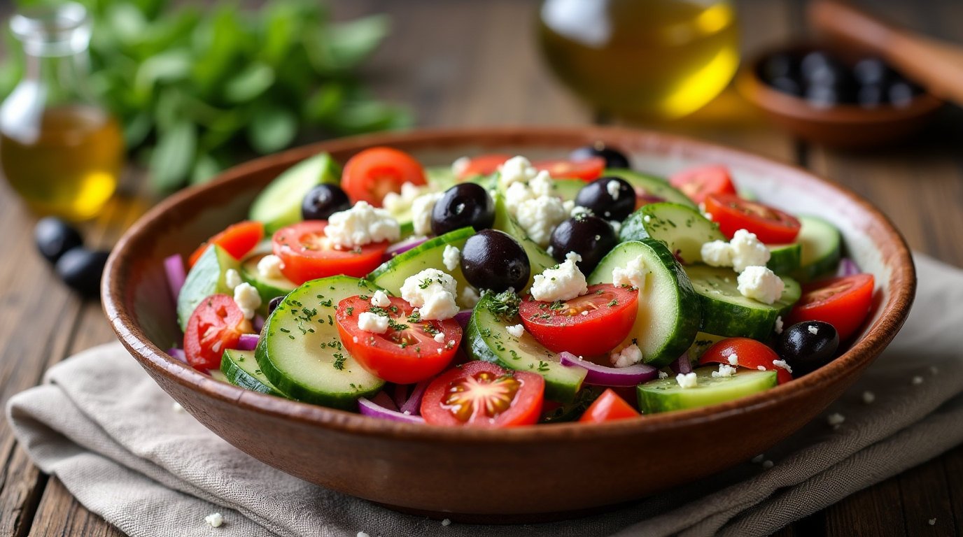 A refreshing Greek Salad with Feta & Olives, featuring crisp cucumbers, juicy tomatoes, red onions, and vibrant bell peppers, all topped with creamy feta cheese and plump black olives. The dish is drizzled with olive oil and a sprinkle of oregano, creating a light and flavorful Mediterranean-inspired meal.