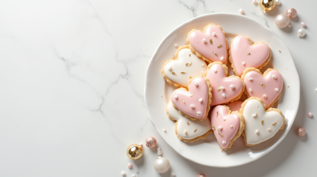 batch of Rustic Handmade Jam-Filled Heart Cookies, each featuring a sweet, gooey jam filling nestled between two crumbly cookie layers. The edges are lightly dusted with powdered sugar, and the heart-shaped design adds a perfect touch of love for your Valentine’s Day treat