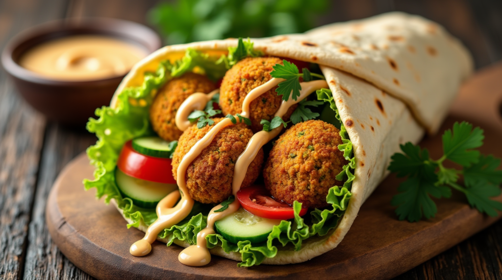 A deliciously packed Falafel Wrap, featuring crunchy homemade falafel, fresh cucumbers, vibrant purple cabbage, and a tangy yogurt dressing, tightly rolled in a soft flatbread, with a side of lemon wedges and a sprinkle of sesame seeds for extra flavor