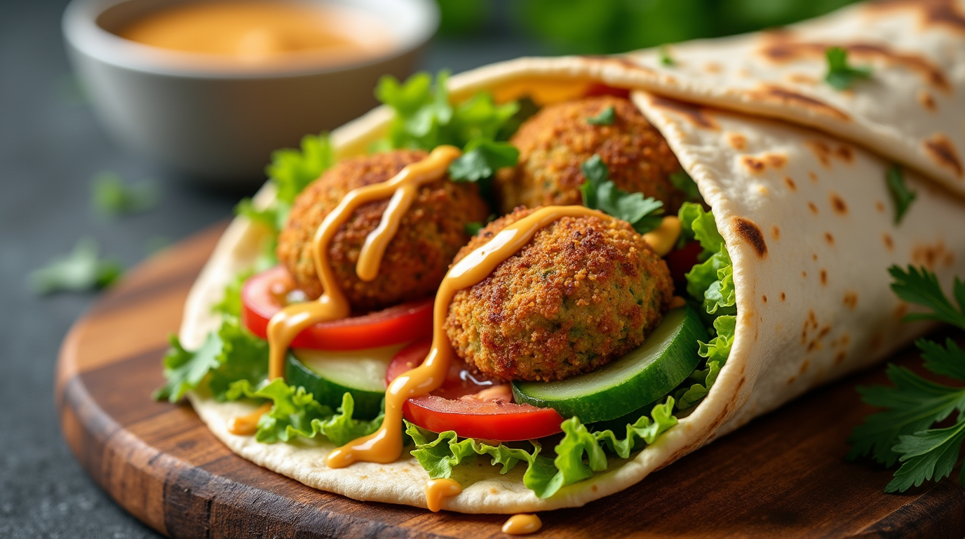 A freshly made Falafel Wrap, bursting with crispy golden-brown falafel balls, crisp lettuce, juicy tomatoes, and thinly sliced red onions, all drizzled with a creamy garlic tahini sauce, wrapped in warm pita bread and served on a rustic wooden board