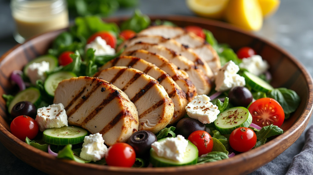 A hearty Greek Salad with Grilled Chicken, featuring tender, juicy grilled chicken slices atop a bed of fresh cucumbers, tomatoes, red onions, and bell peppers. The salad is generously topped with creamy feta cheese, black olives, and a drizzle of olive oil, creating a flavorful and protein-packed Mediterranean meal