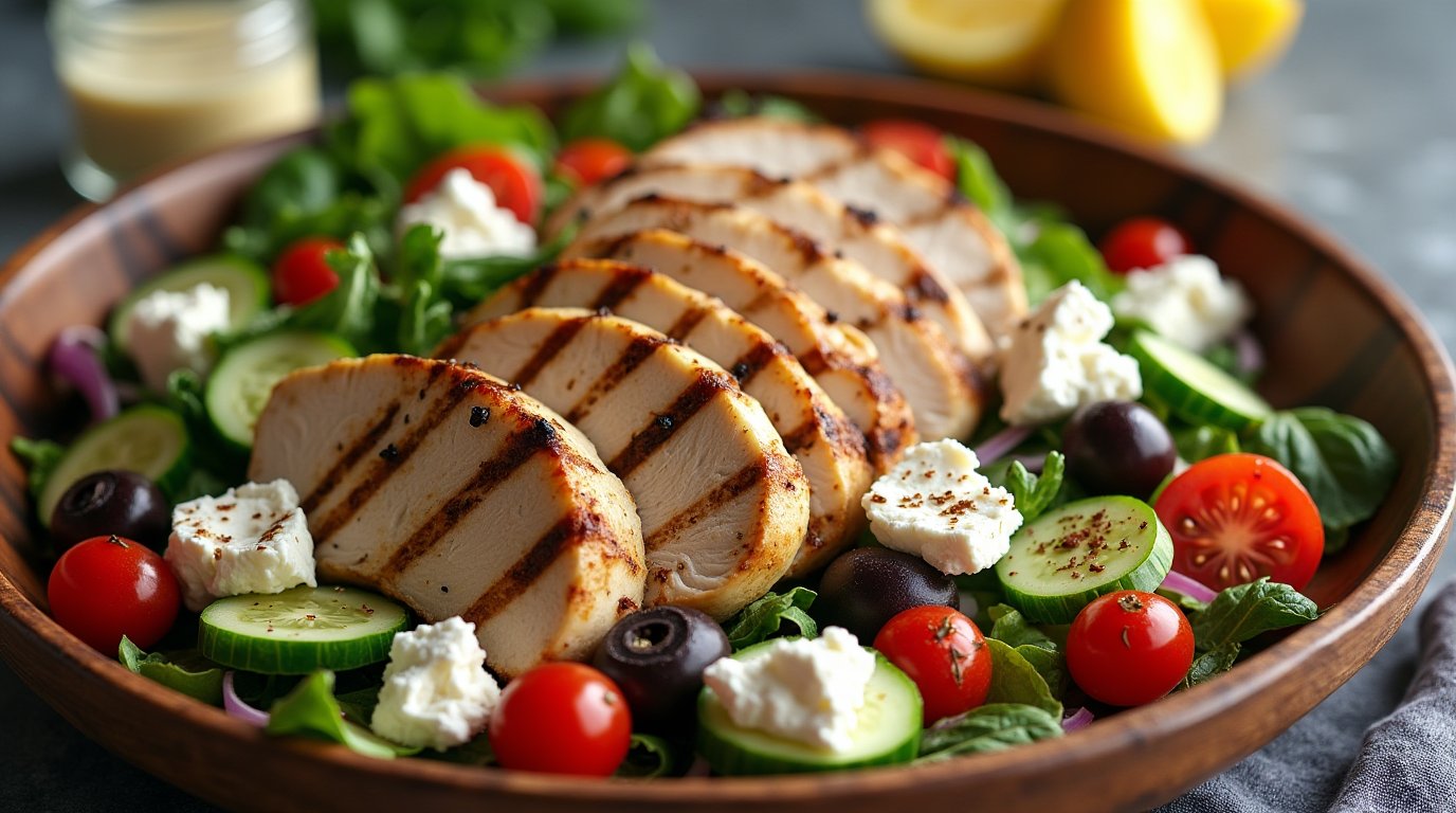 A hearty Greek Salad with Grilled Chicken, featuring tender, juicy grilled chicken slices atop a bed of fresh cucumbers, tomatoes, red onions, and bell peppers. The salad is generously topped with creamy feta cheese, black olives, and a drizzle of olive oil, creating a flavorful and protein-packed Mediterranean meal
