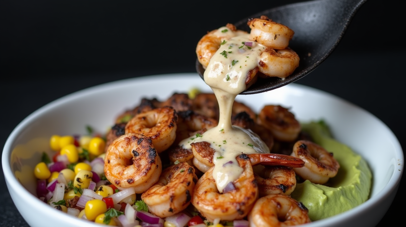 Grilled Shrimp Bowl with Avocado, Corn Salsa & Creamy Sauce for Busy Night