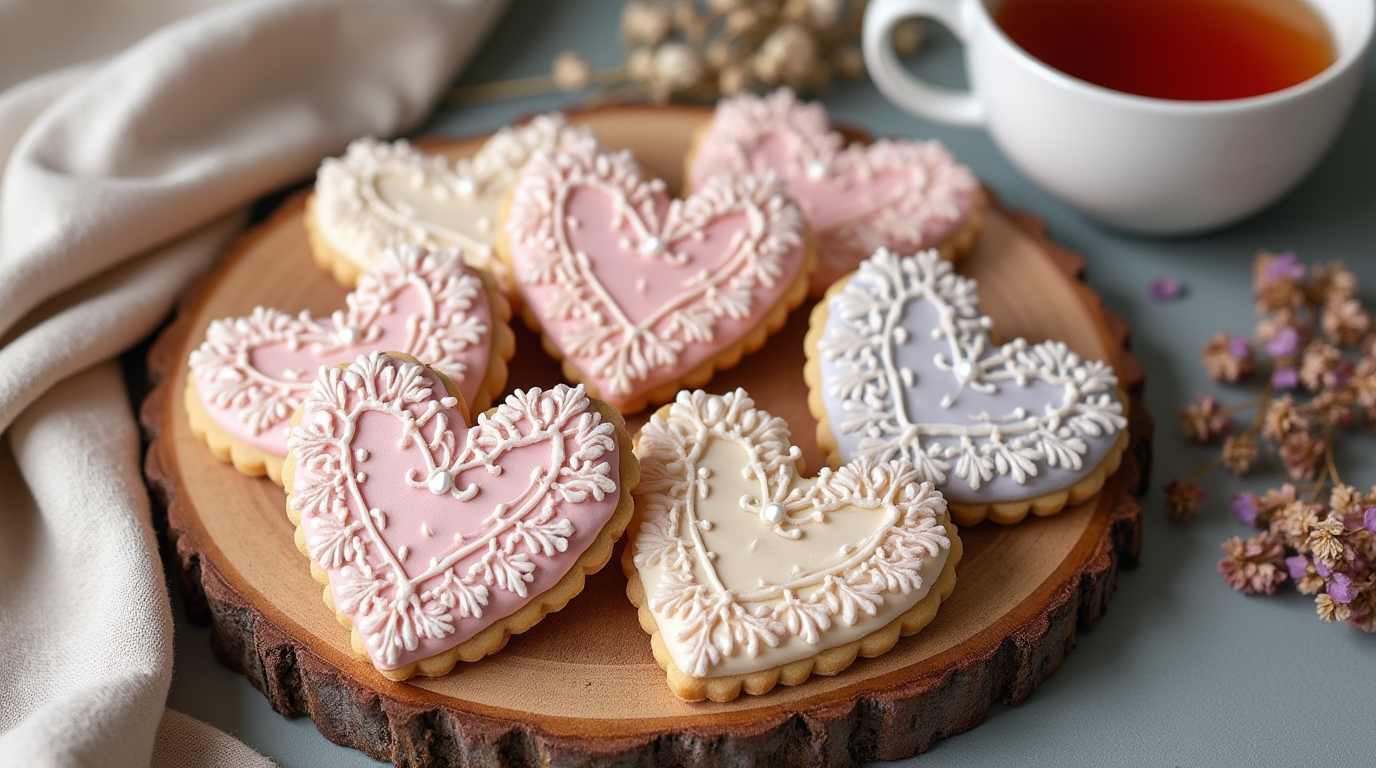 Hand-Decorated Vintage Lace Valentine Cookies, intricately piped with delicate lace patterns in royal icing, elegantly arranged on a pastel floral plate. These romantic heart-shaped cookies capture the charm of vintage-inspired baking, perfect for a timeless Valentine’s Day treat