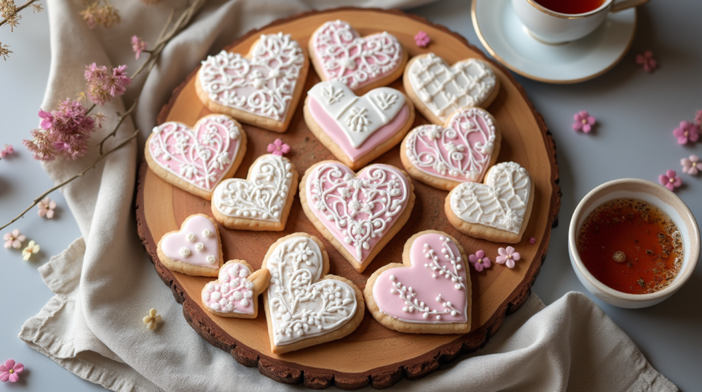 A close-up of Hand-Decorated Vintage Lace Valentine Cookies, featuring ornate white icing designs on soft pink and ivory backgrounds. Each cookie is a miniature edible masterpiece, showcasing fine detailing that mimics delicate lace embroidery, ideal for a nostalgic and elegant Valentine’s celebration