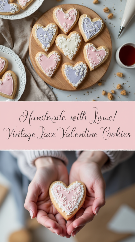 Hand-Decorated Vintage Lace Valentine Cookies, intricately piped with delicate lace patterns in royal icing, elegantly arranged on a pastel floral plate