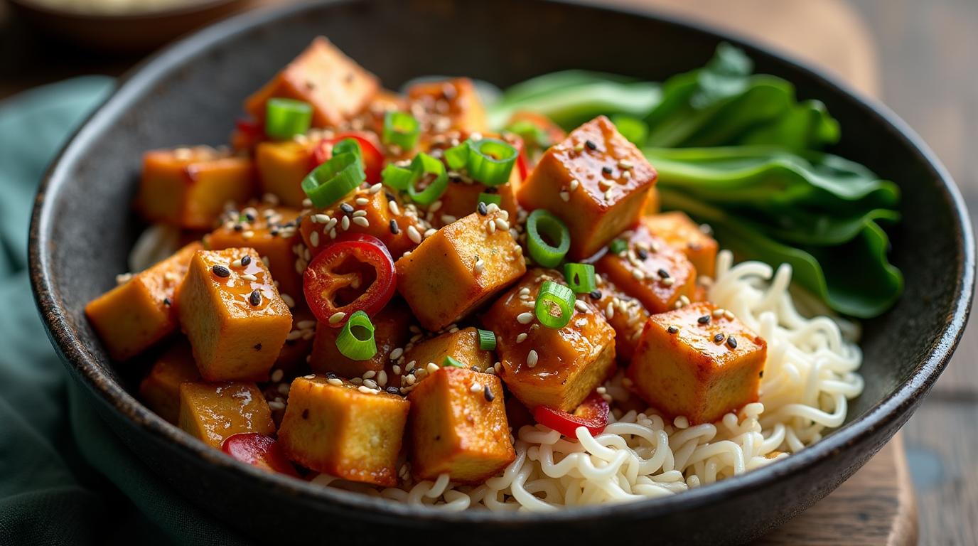 A close-up of Mongolian Tofu Stir-Fry with Garlic Ginger Sauce, showcasing crispy tofu cubes enveloped in a smooth, savory garlic and ginger sauce. The dish is garnished with fresh green onions, adding a pop of color and a hint of freshness. The mix of sautéed vegetables and tofu creates a satisfying texture, while the zesty sauce elevates the flavors. Whether you're vegan or just looking for a healthier meal, this stir-fry is the perfect combination of taste, health, and comfort in one bowl!