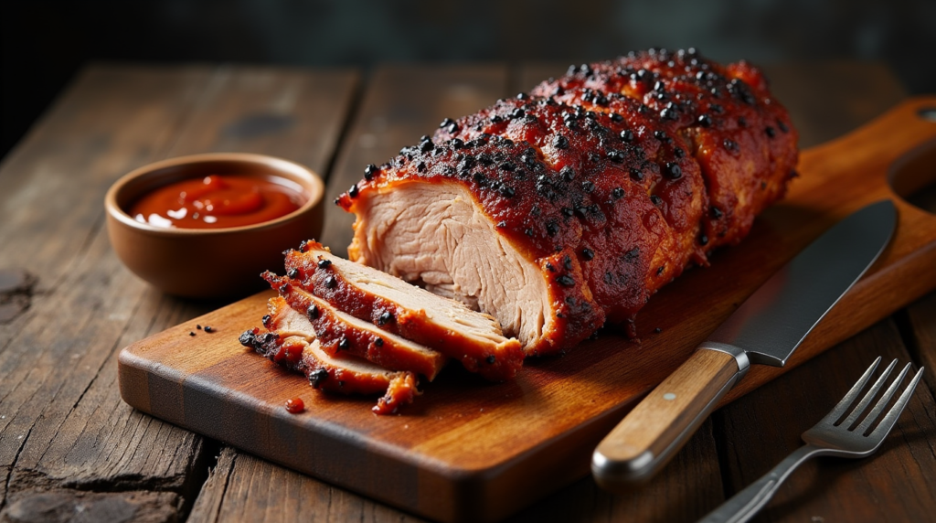 A serving of Rustic Slow-Cooked Pulled Pork, featuring tender, juicy shredded pork with a perfectly caramelized crust, served on a wooden platter with soft slider buns, tangy coleslaw, and a side of barbecue sauce—perfect for a cozy Galentine’s party spread