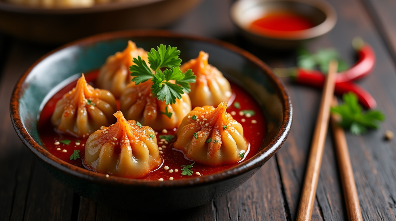 A vibrant plate of Sichuan Dumplings, beautifully arranged and drizzled with a spicy, tangy Sichuan sauce. The dumplings are plump, tender, and perfectly cooked, with hints of red chili peppers and garlic, creating an authentic flavor profile. The background features a rustic table setting with chopsticks placed next to the dish, enhancing the authentic Sichuan dining experience.