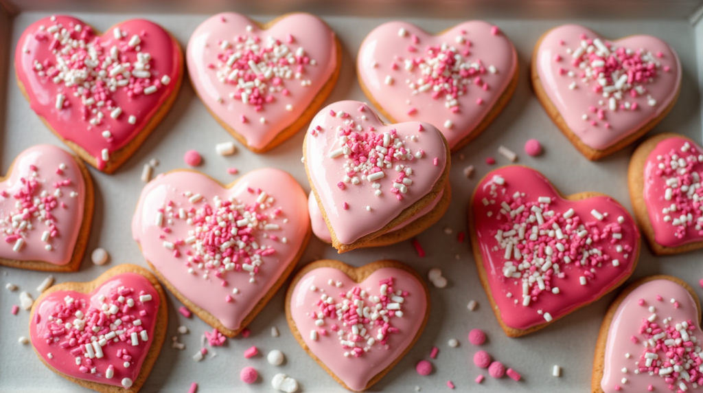 A plate of Heart-Shaped Gluten-Free Cookies, each one beautifully crafted with vibrant icing and decorated with colorful sprinkles. These cookies offer a delicious, gluten-free option to share the love on Valentine’s Day without compromising on flavor or sweetness